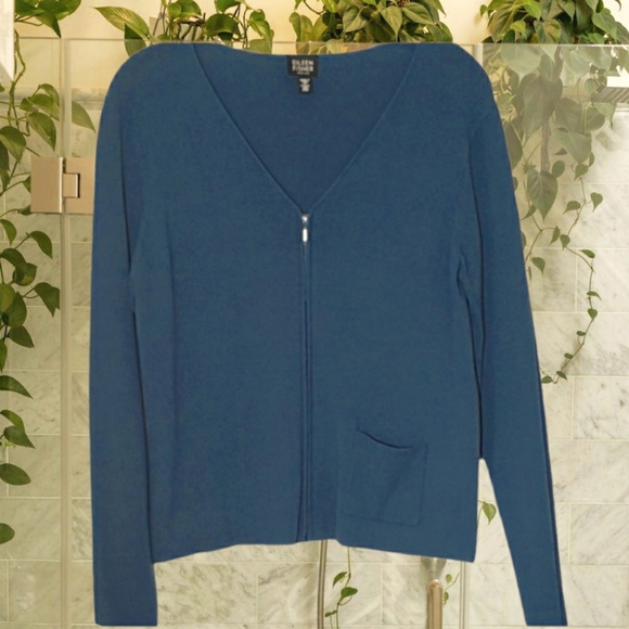 EUC Eileen Fisher Zip Up Cardigan, Petite M, Adriatic Blue, Lightweight, V Neck - Picture 1 of 4